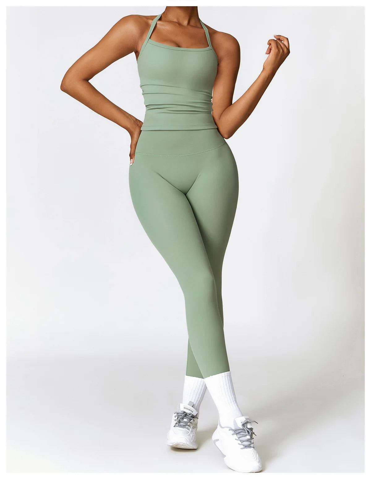 Conjunto de yoga de 2 piezas sin costuras para mujer: top corto de manga larga y leggings de cintura alta para entrenamiento