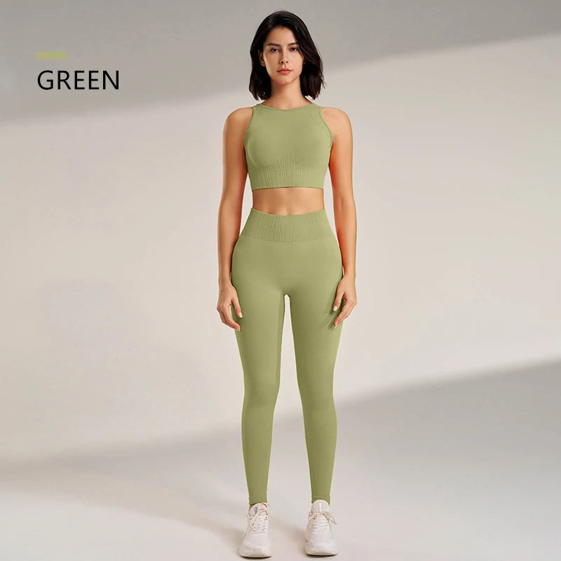 Conjunto de yoga sin costuras para mujer: leggings de cintura alta y camiseta de entrenamiento