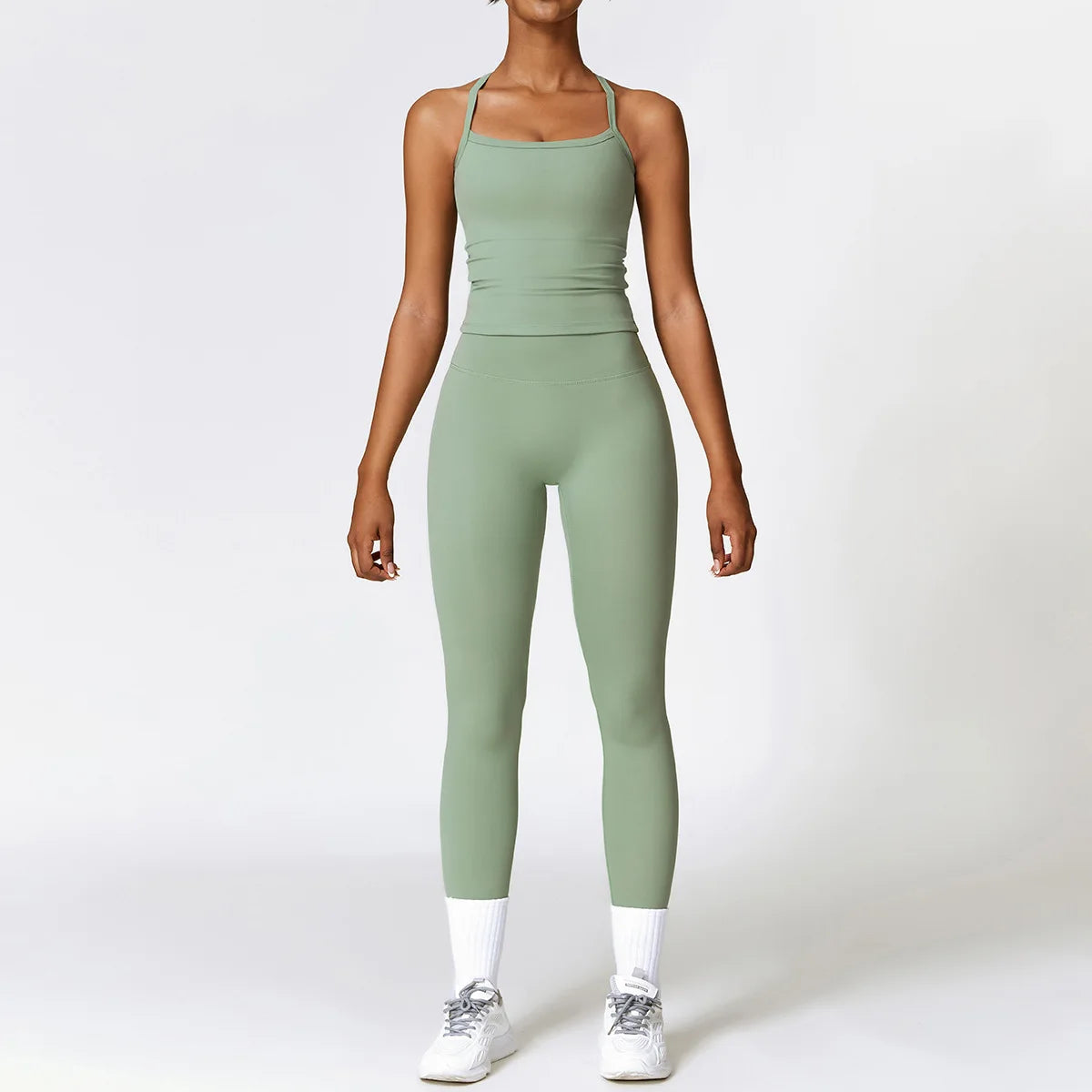 Conjunto de yoga de 2 piezas sin costuras para mujer: top corto de manga larga y leggings de cintura alta para entrenamiento