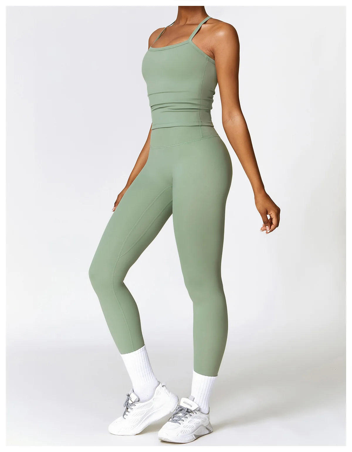 Conjunto de yoga de 2 piezas sin costuras para mujer: top corto de manga larga y leggings de cintura alta para entrenamiento