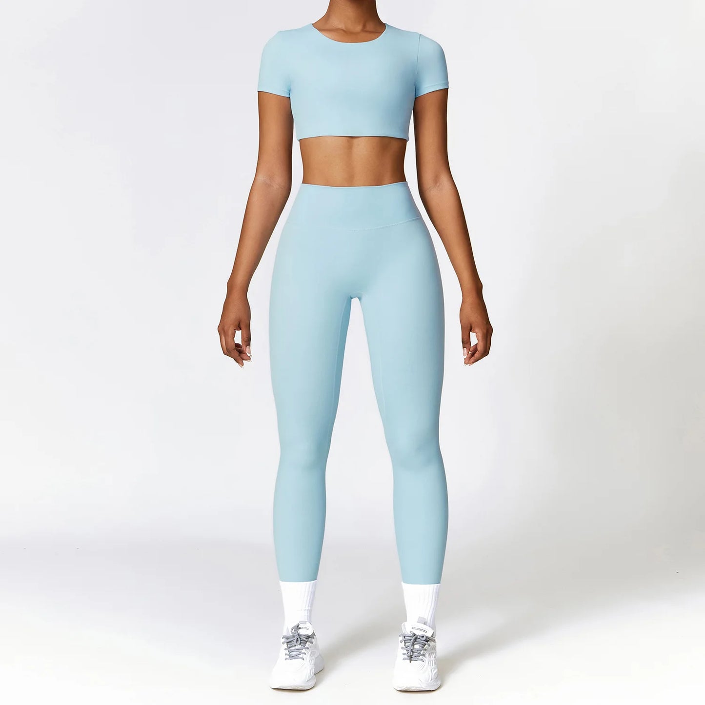 Conjunto de yoga de 2 piezas sin costuras para mujer: top corto de manga larga y leggings de cintura alta para entrenamiento